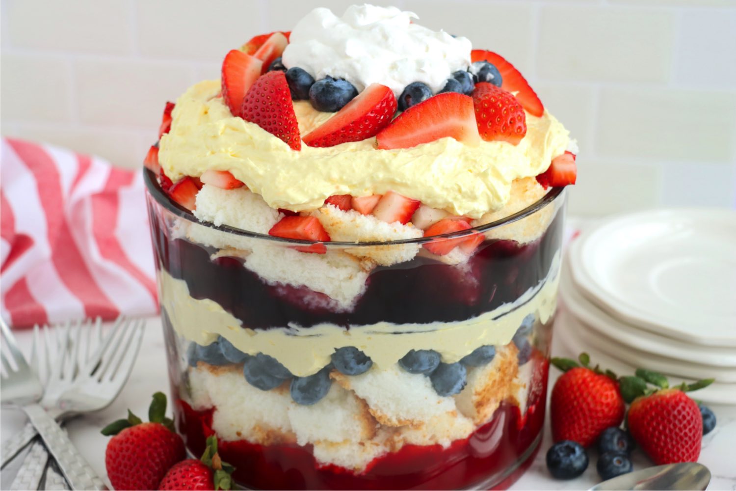 Patriotic-themed trifle displayed on a table