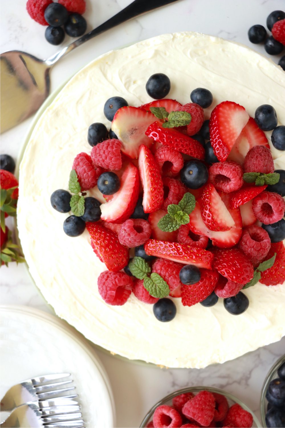 top shot of cheesecake topped with fresh fruit