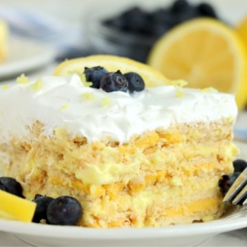 up close shot of layered lemon cake garnished with lemon wedge and blueberries