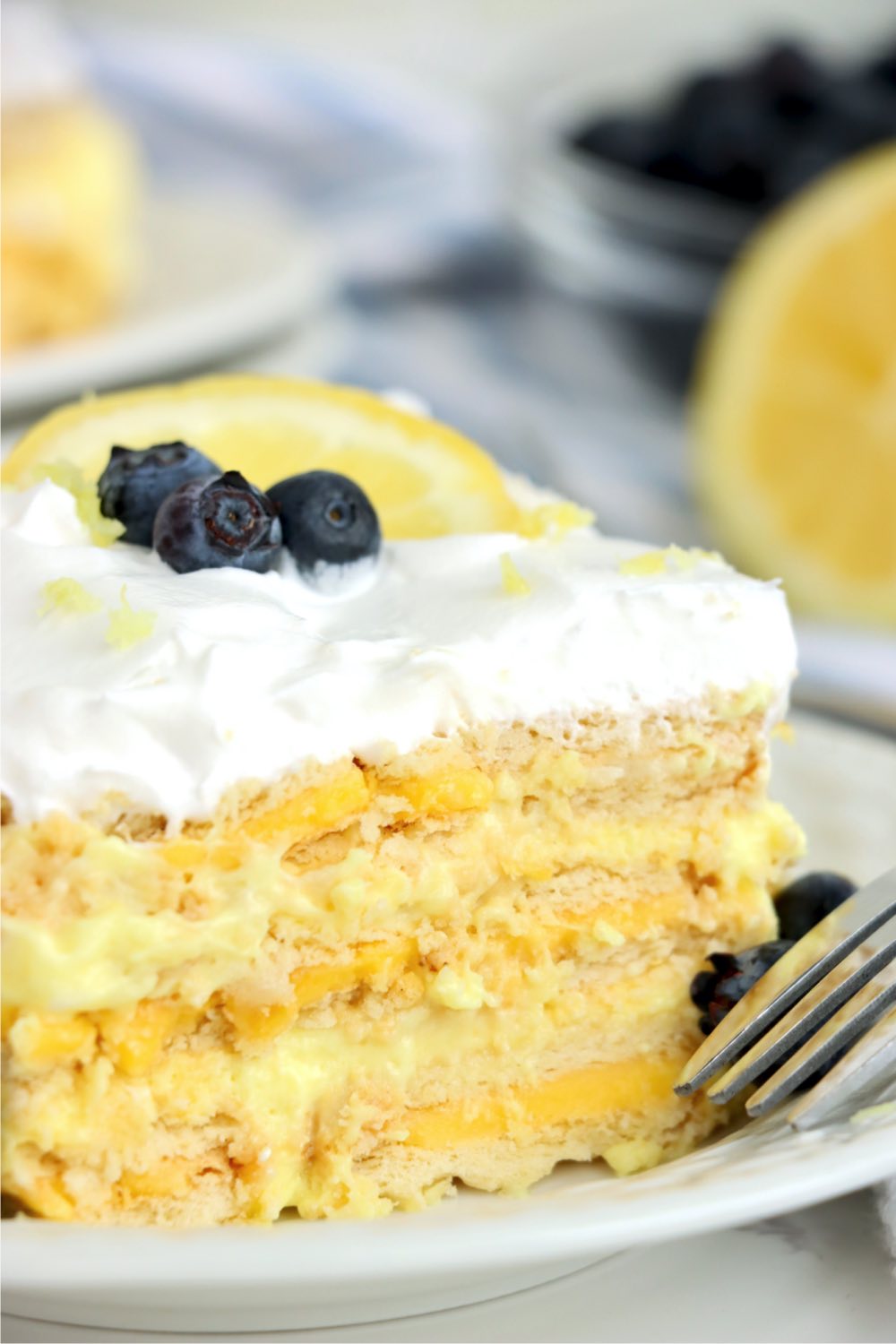 up close shot of layered lemon icebox cake