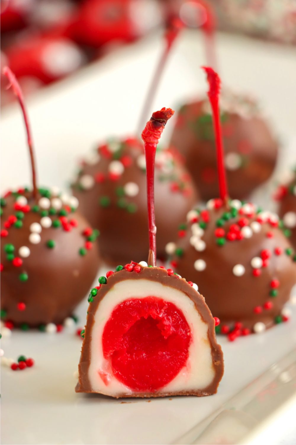 View of the center of a chocolate covered cherry