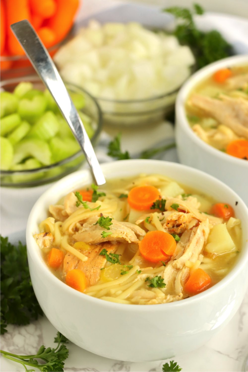 white bowl of soup filled with turkey, vegetables and noodles