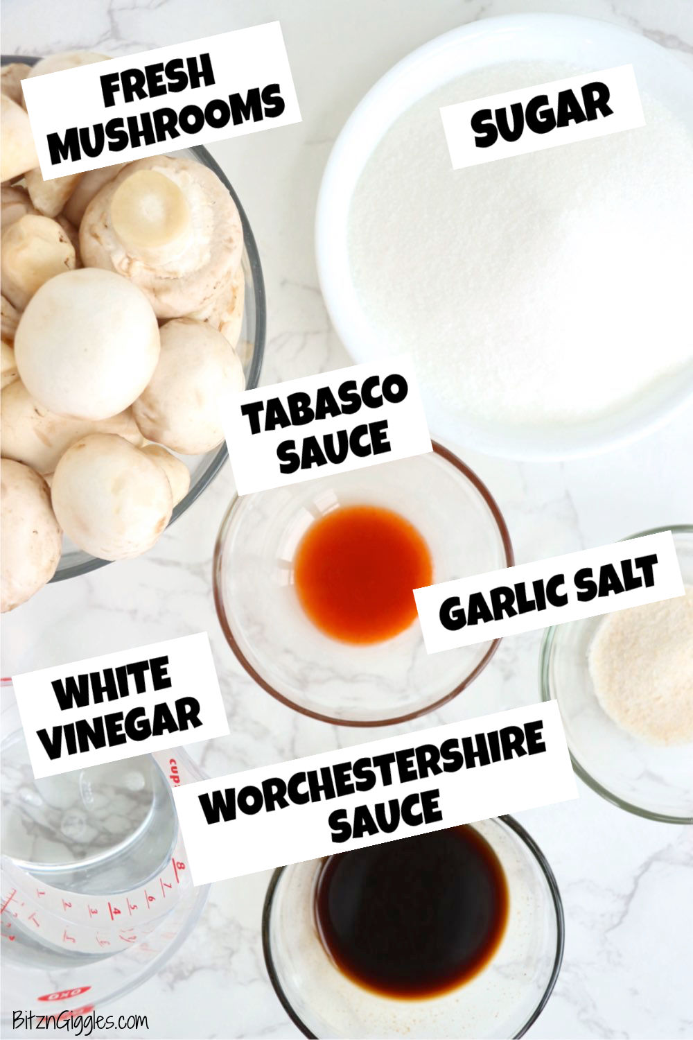 individual ingredients for making marinated cocktail mushrooms