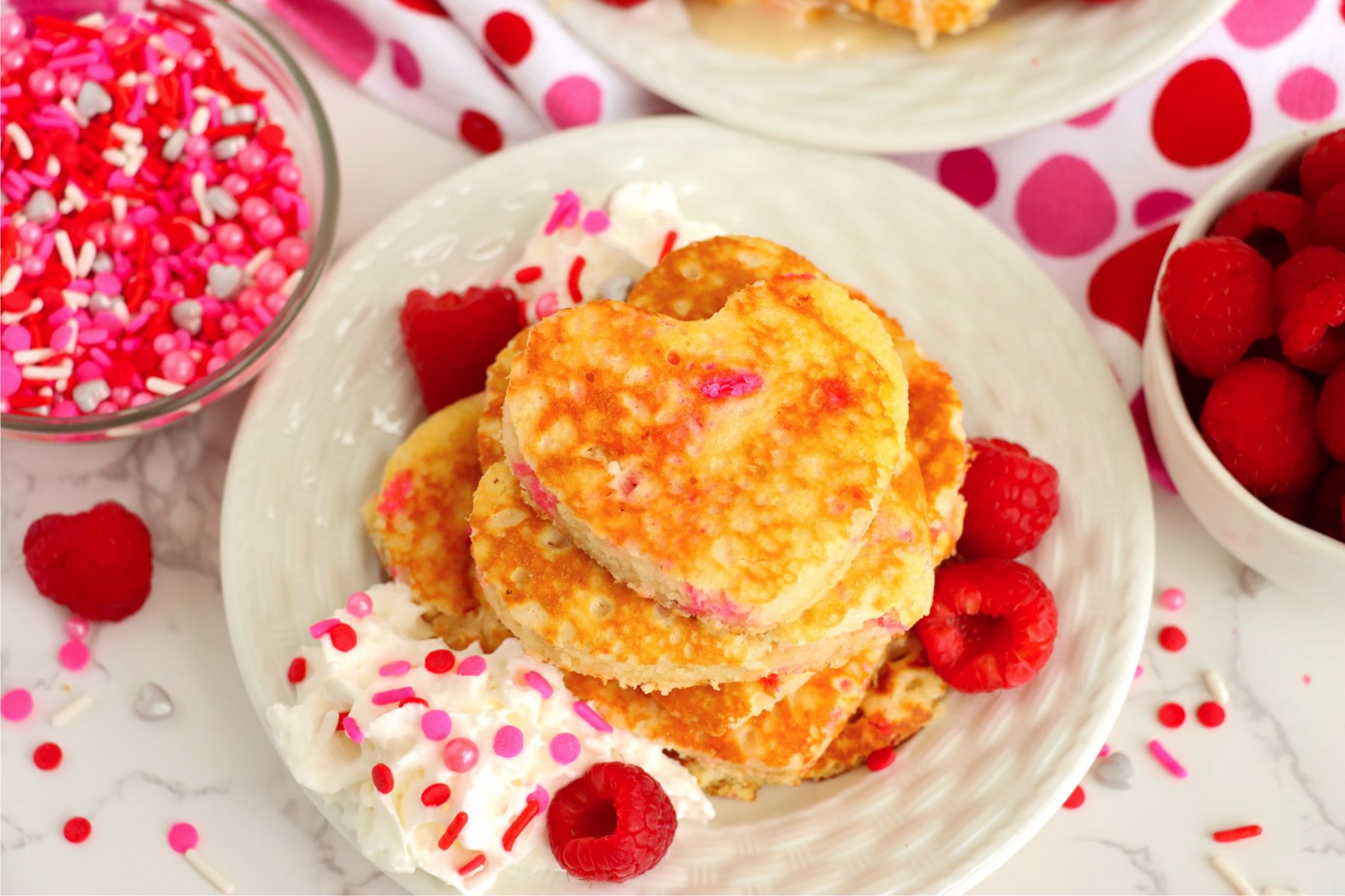 plate of stacked pancakes for Valentine's Day