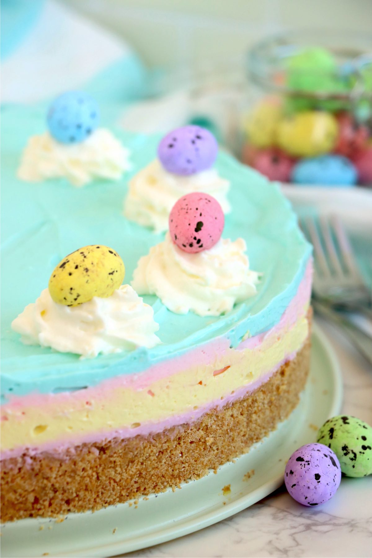 Up close view of a half of an Easter cheesecake
