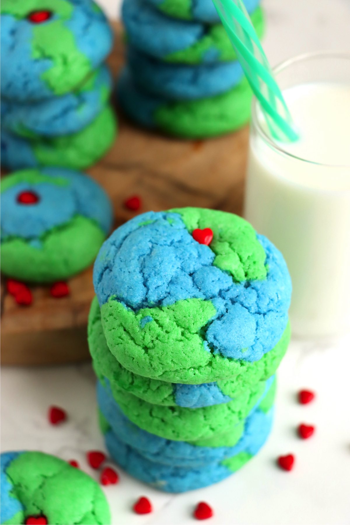 Stack of blue and green sugar cookies for Earth Day