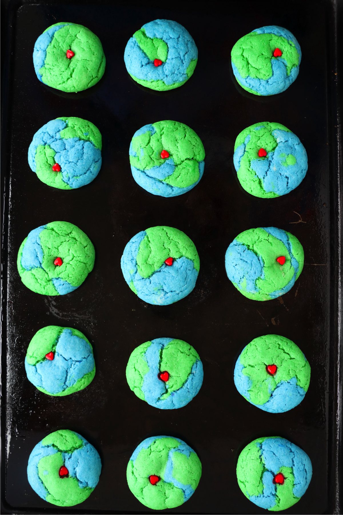 cookie sheet filled with Earth Day cookies