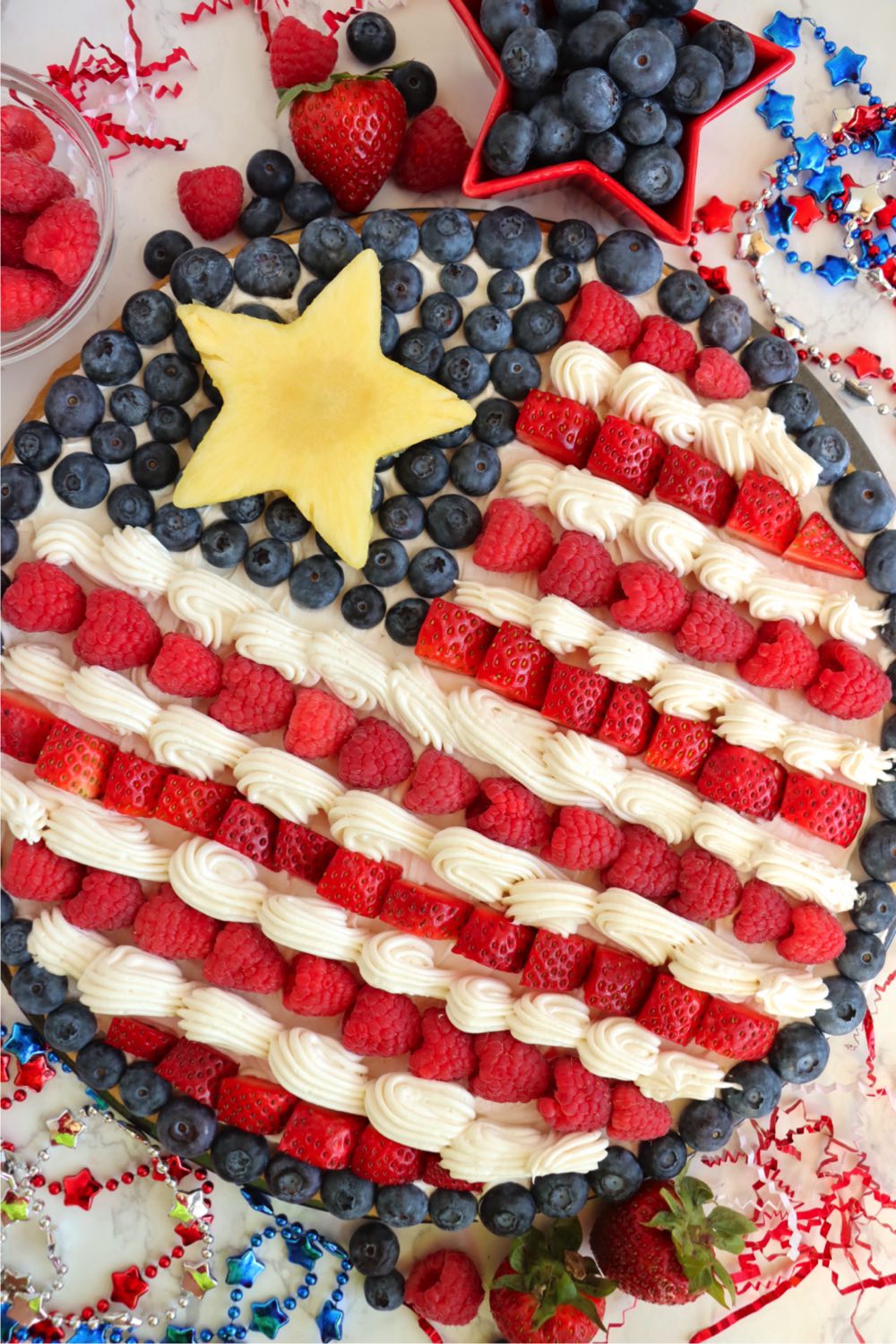 red white and blue flag fruit pizza