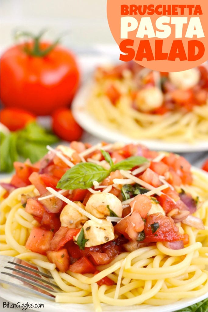 Single serving of bruschetta pasta salad filled with tomatoes and mozzarella balls.