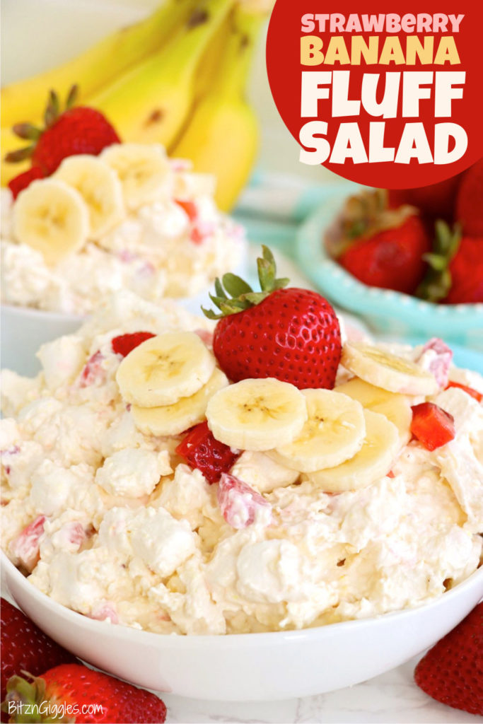 bowl of fluffy salad topped with fresh bananas and strawberries.