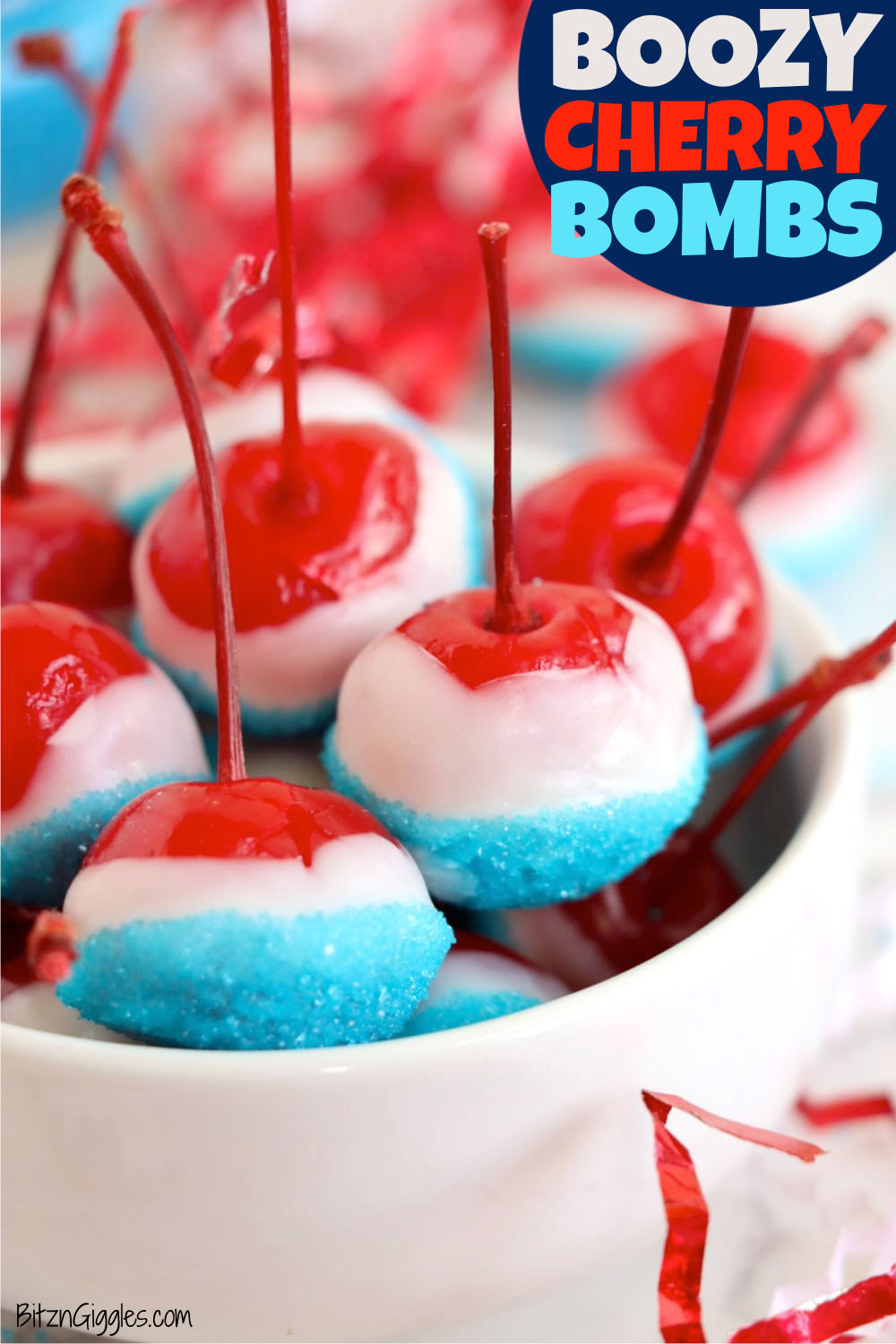 White bowl filled with red, white and blue cherry bombs.