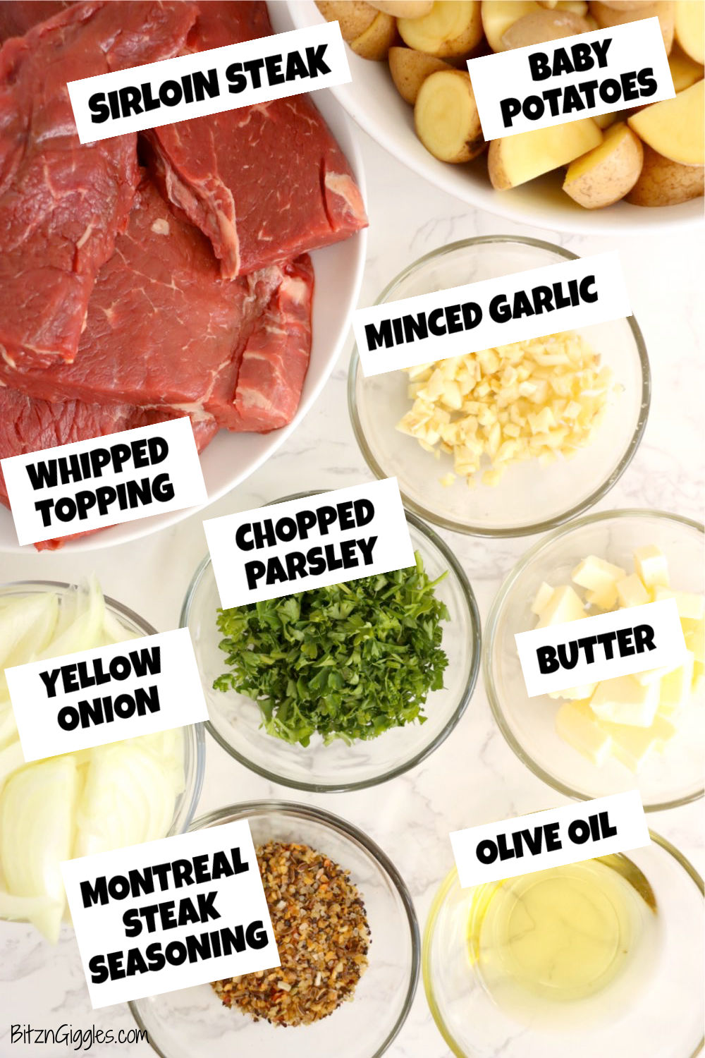 Ingredients for steak and potato foil packs on a white table.