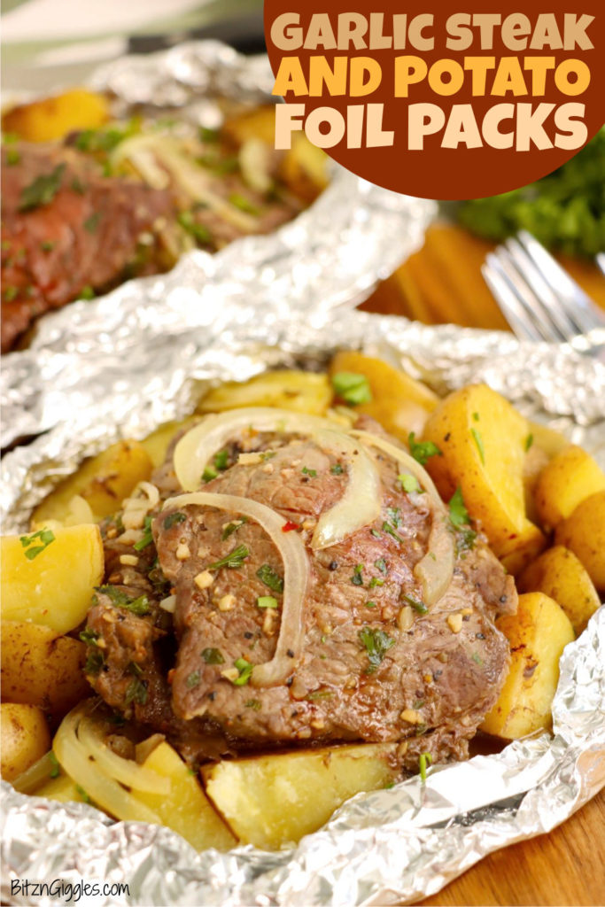 Foil packs filled with steak, potatoes, onions and seasonings.