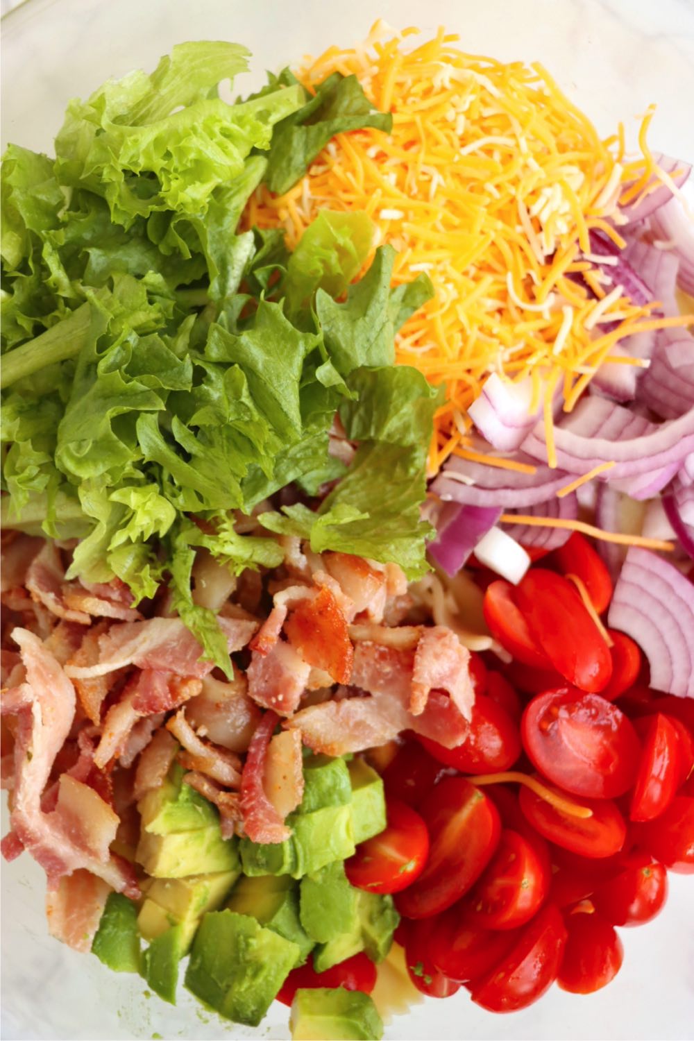 Bowl full of lettuce, cheese, onions, tomatoes bacon and avocado.