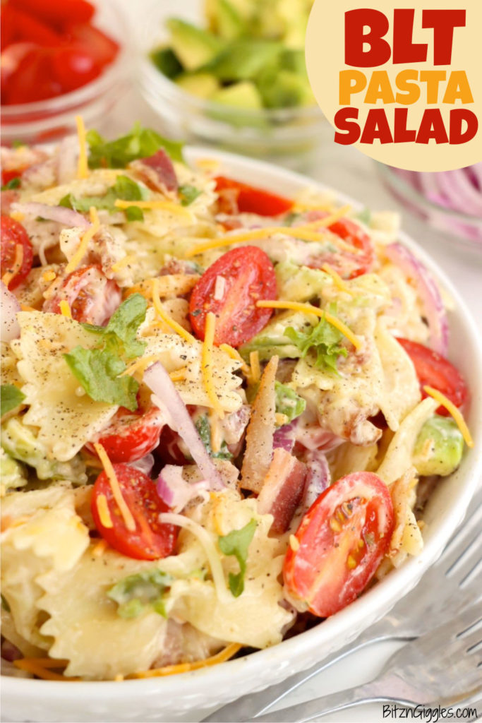 close up view of bowtie pasta salad with bacon, lettuce and tomato.