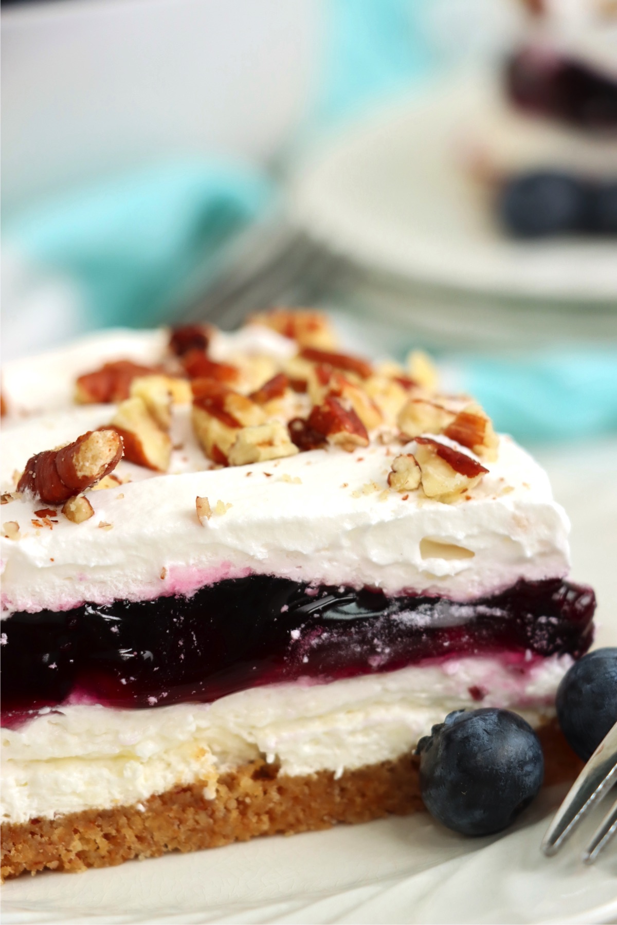 Layered blueberry dessert covered in pecans.