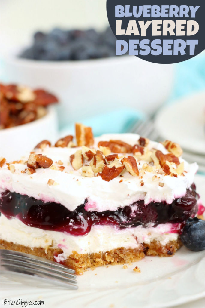 Piece of blueberry layered dessert with graham cracker crust.