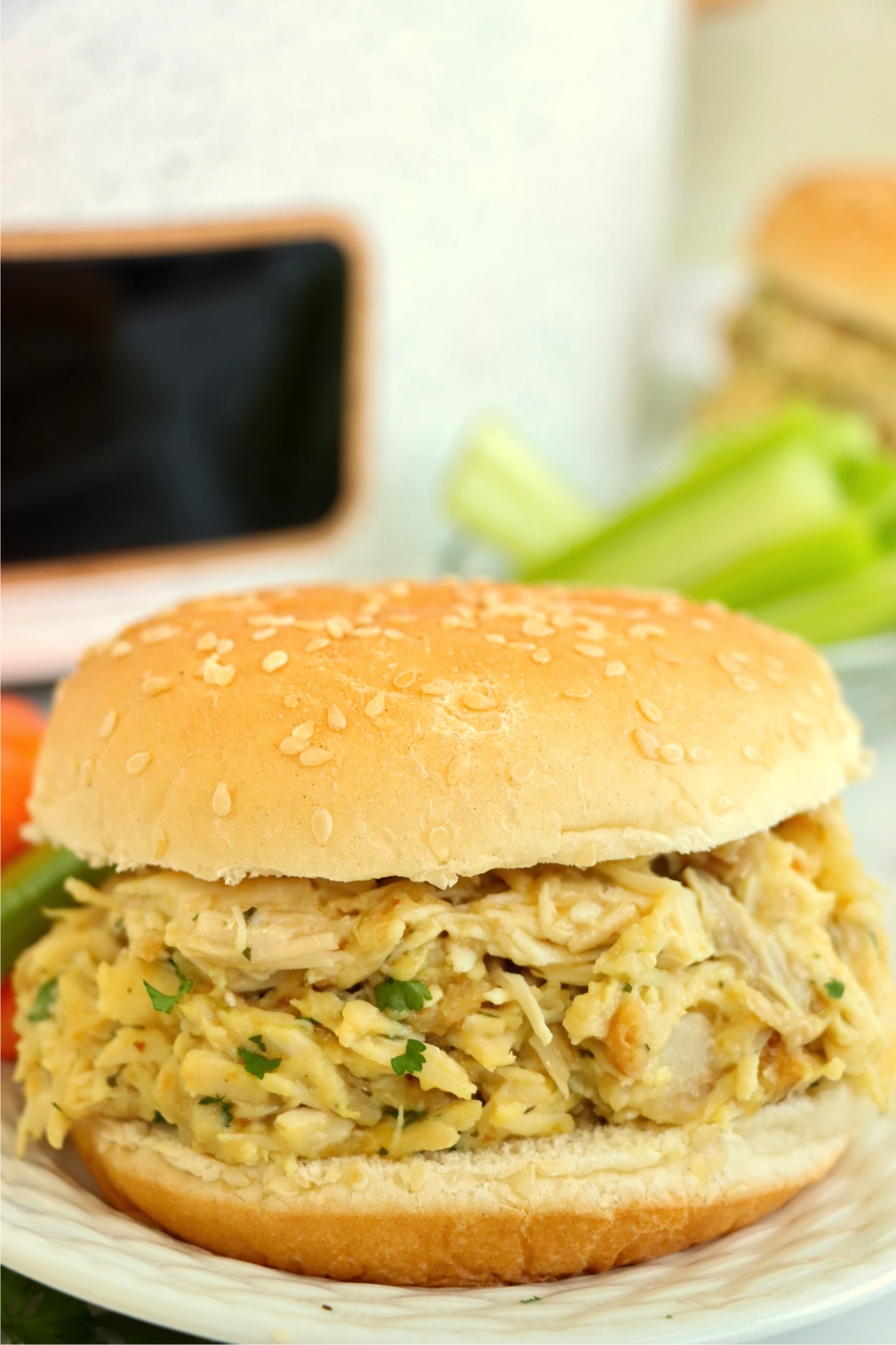 Close up of shredded chicken in a bun in front of an air fryer.