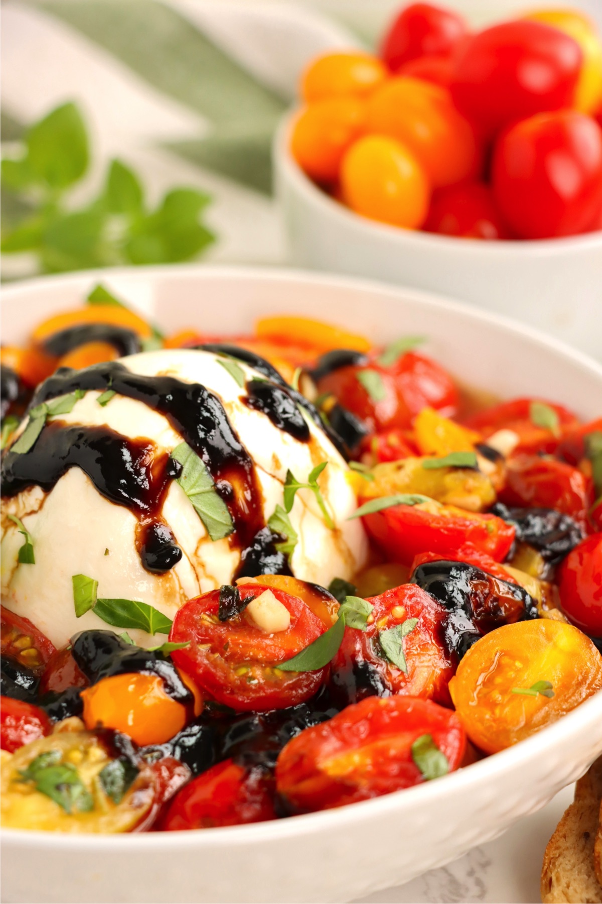 Bowl of cherry tomatoes surrounding a ball of balsamic-drizzled mozzarella cheese.