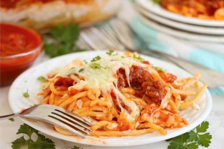 Spaghetti and meat sauce covered in cheese on a white plate.