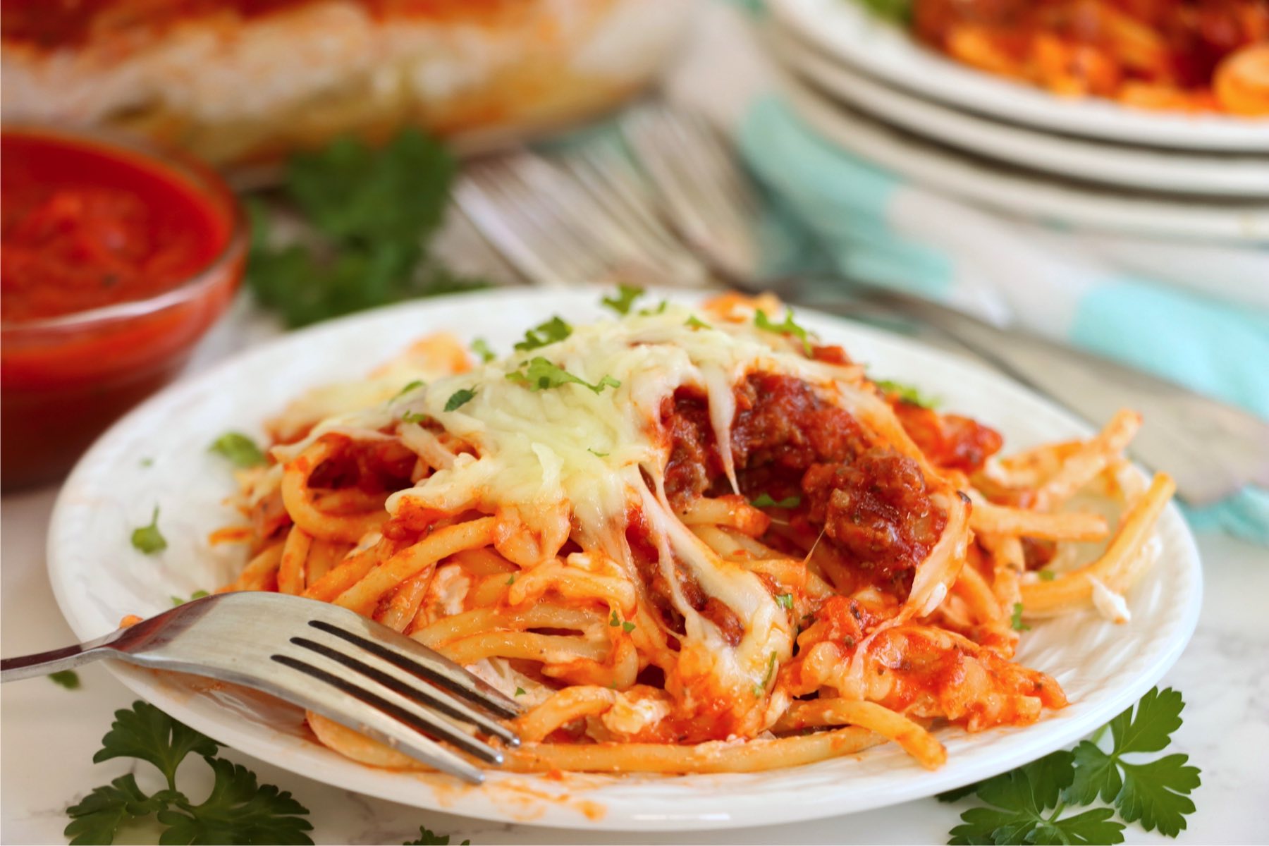 Spaghetti and meat sauce covered in cheese on a white plate.