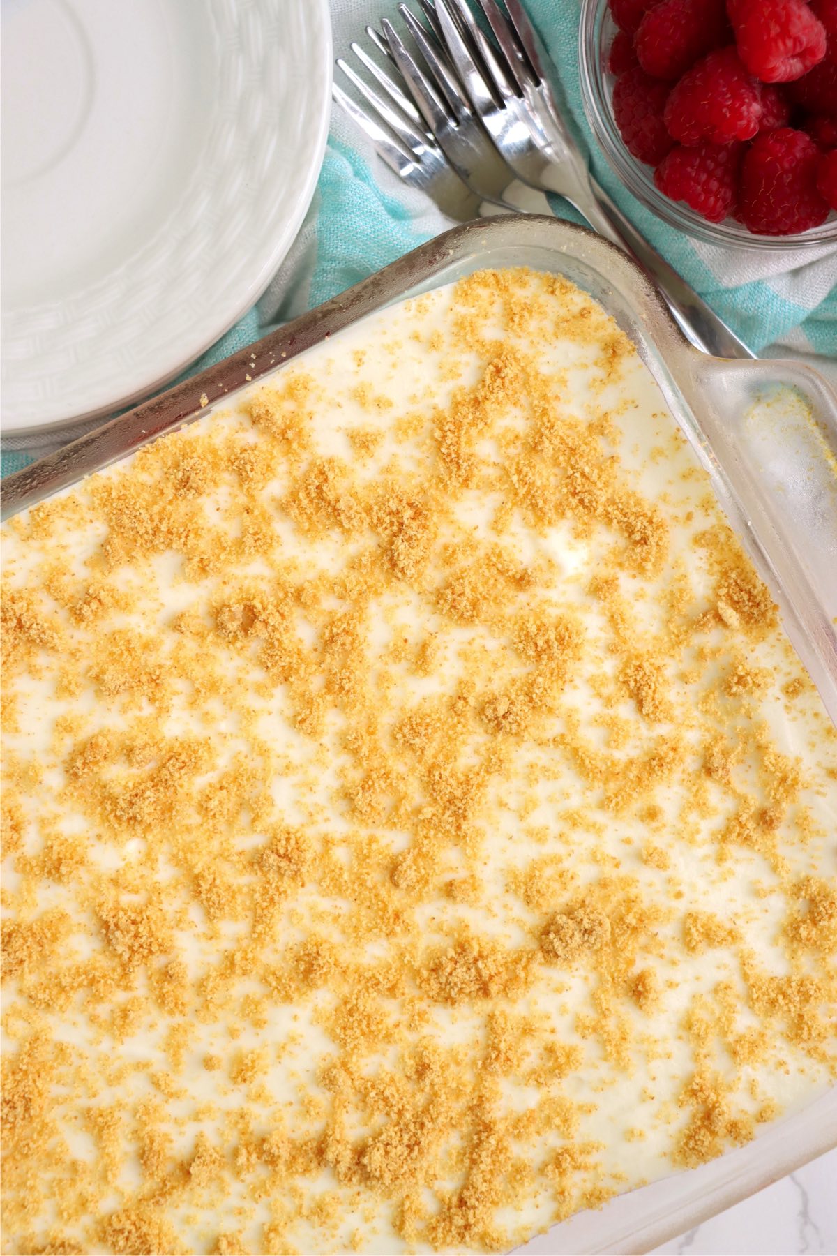 Glass baking pan filled with a raspberry dessert garnished with crushed graham cracker crumbs.