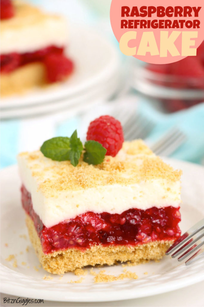 Piece of raspberry chilled cake with graham cracker crust.