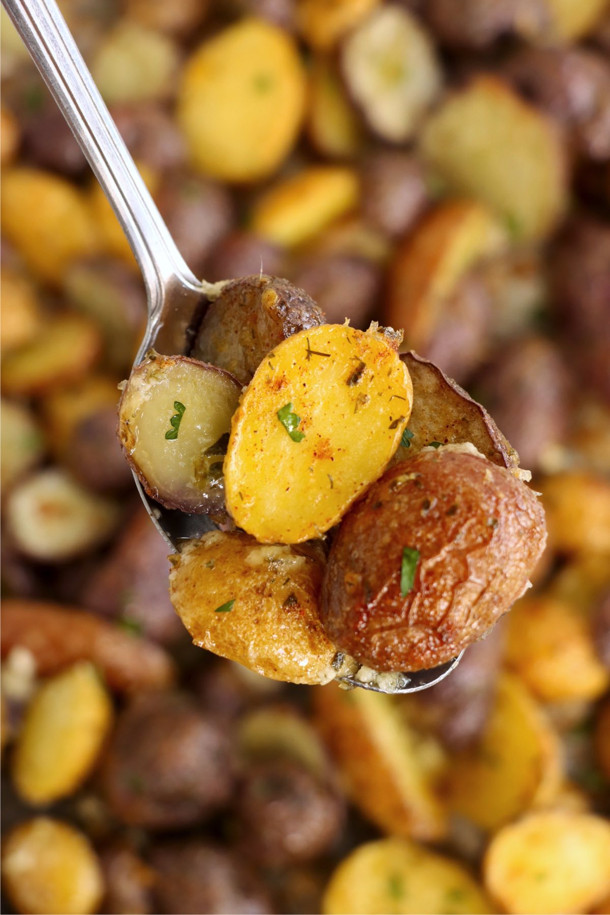 Spoonful full of roasted potatoes.