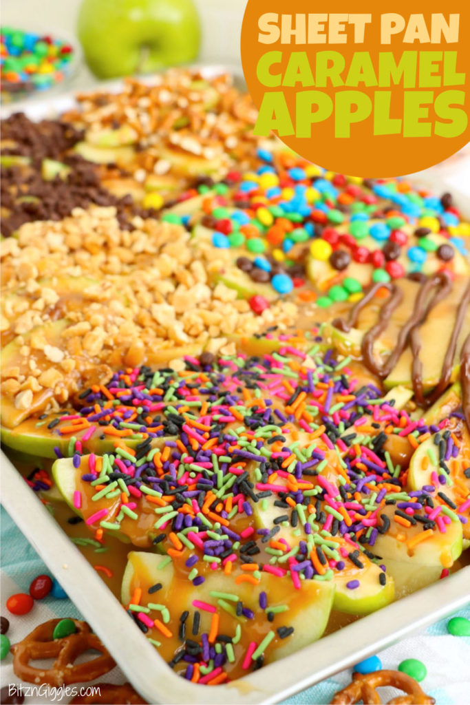 A pan filled with apple slices, caramel, and nut and candy toppings.