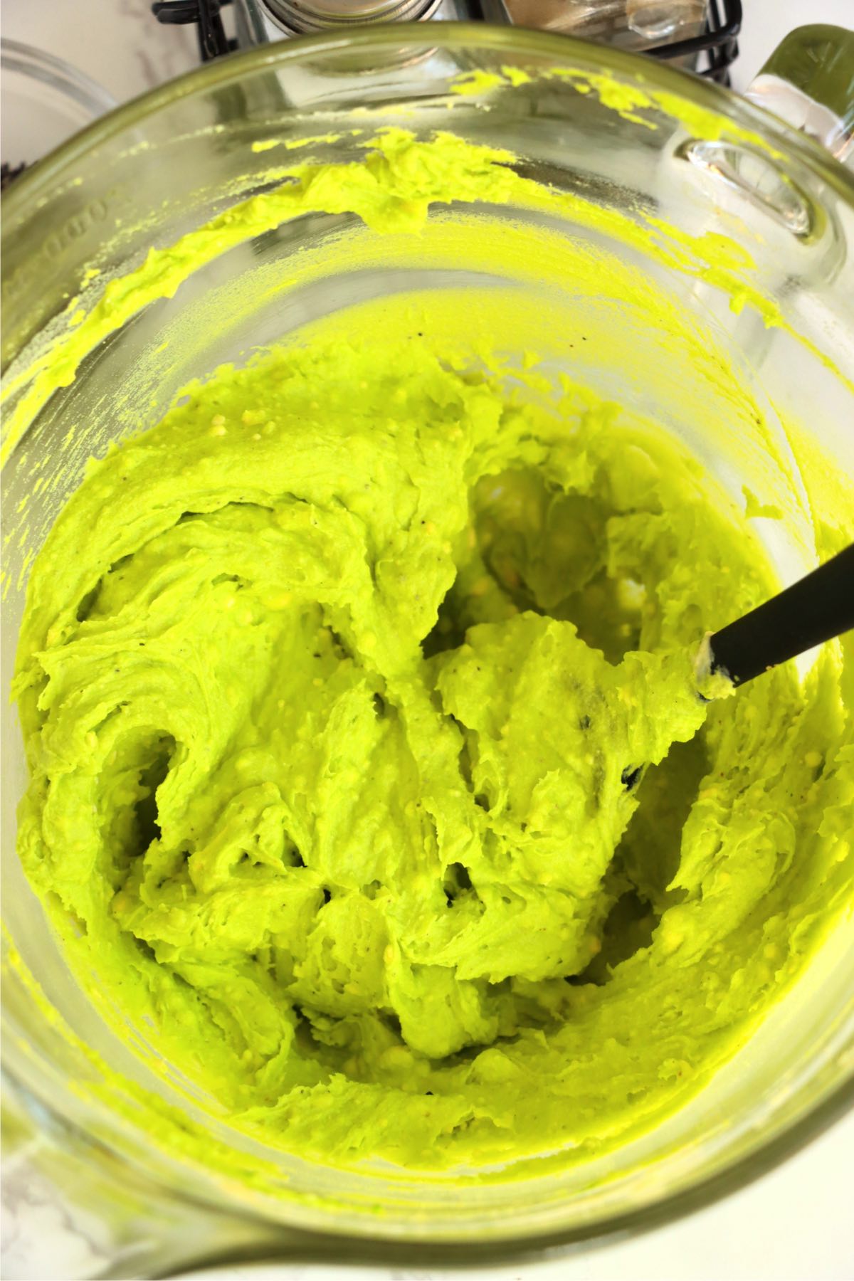 Green food coloring mixed with deviled egg filling.