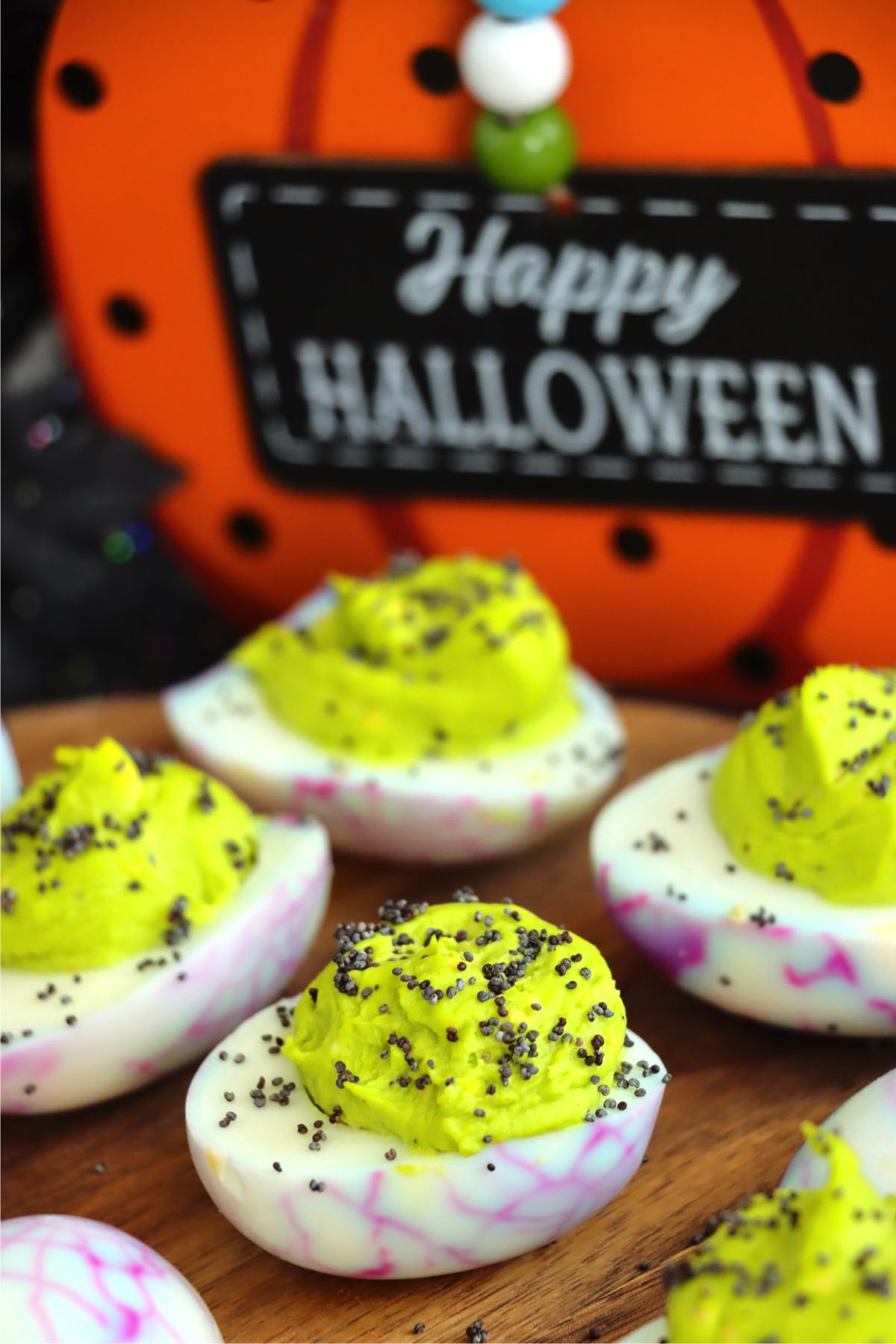 Display of Halloween-themed deviled eggs.