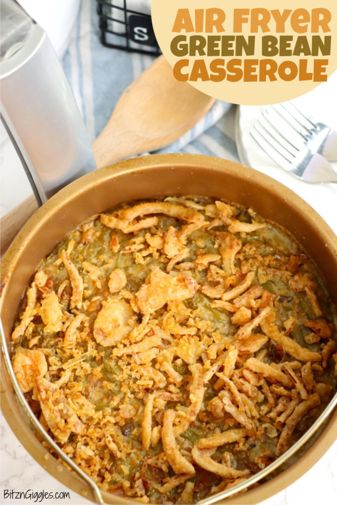 Air-fryer safe bowl filled with crispy green bean casserole.