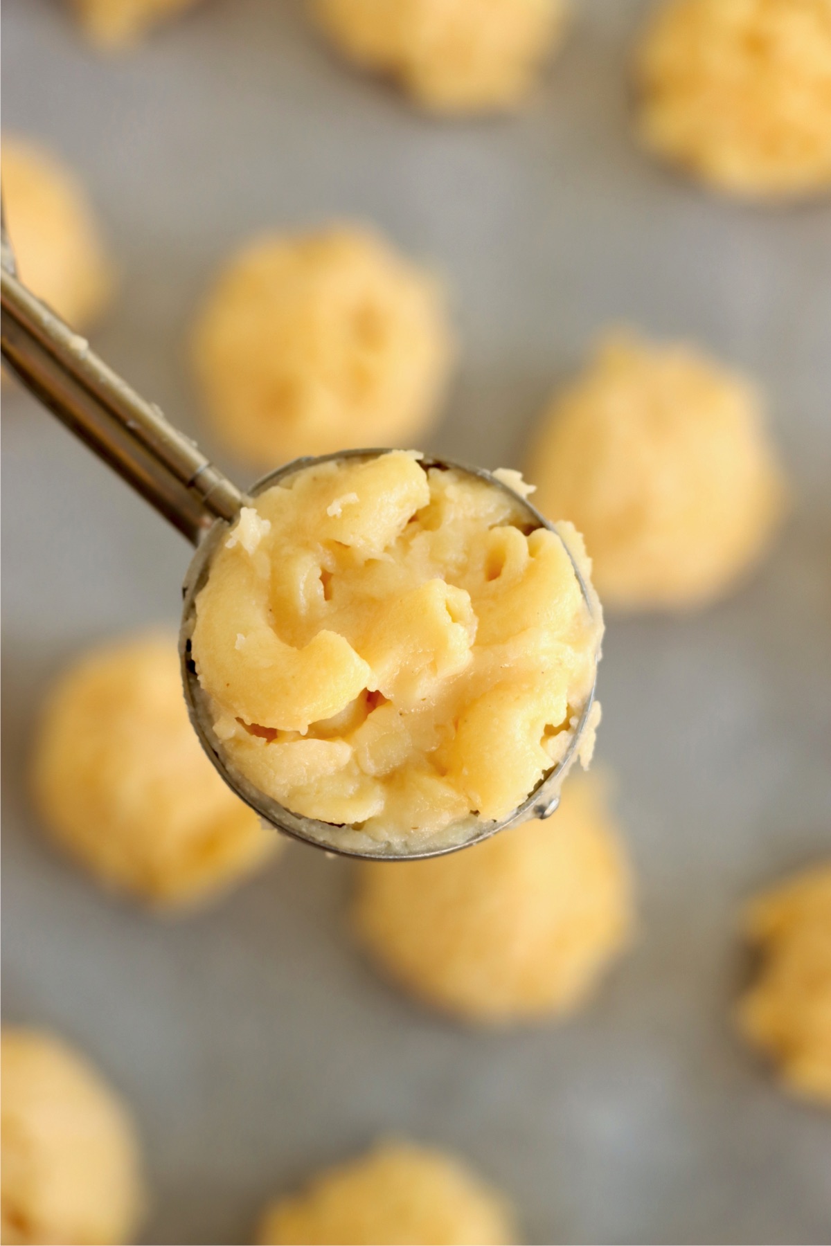 Small amount of mac and cheese in a cookie scoop.