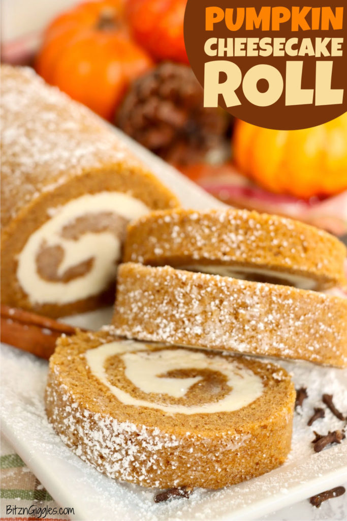 An easy pumpkin roll recipe with three slices cut to show the beautiful spiral.