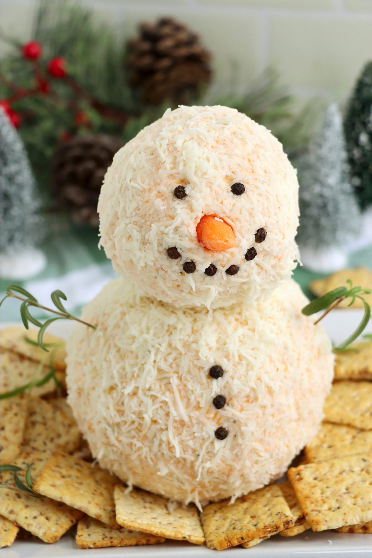 Cheese ball snowman surrounded by an array of crackers.