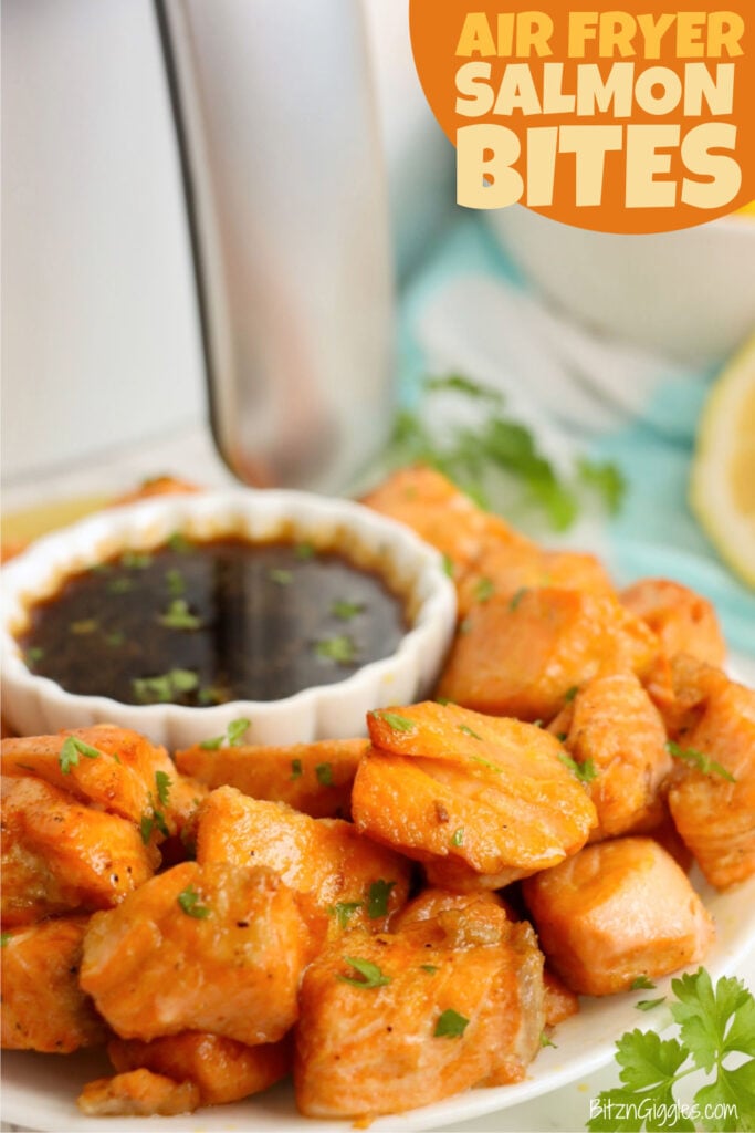 Golden-brown salmon bites cooked in the air fryer, showcasing their crispy texture and rich color.