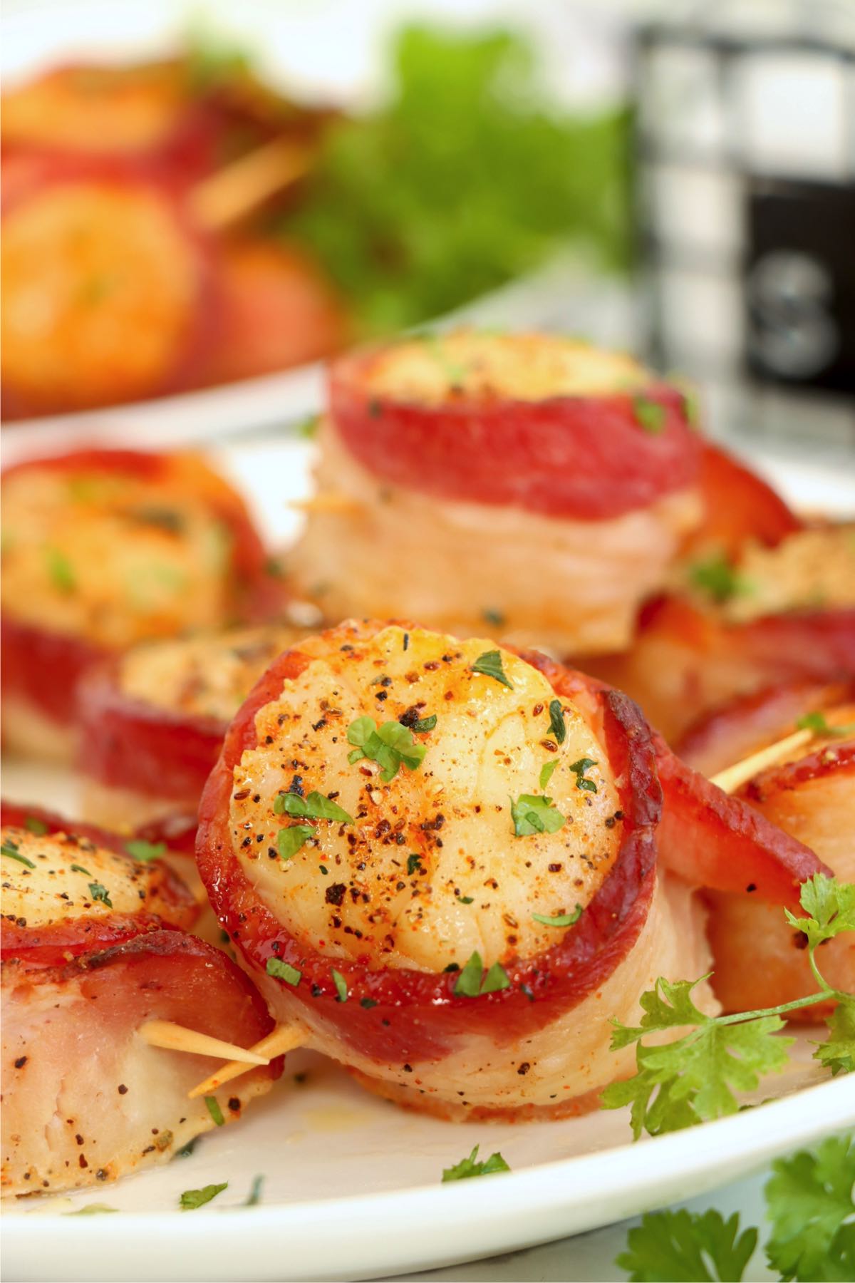 Perfectly cooked scallops wrapped in crispy bacon, served on a white plate with a garnish of parsley.