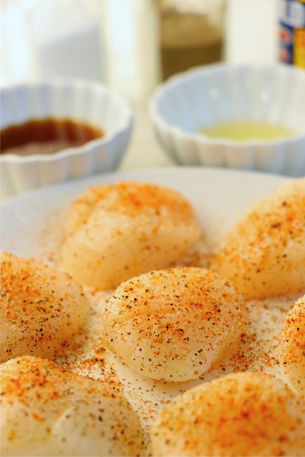 Fresh scallops coated with Old Bay seasoning, salt, and pepper on a white plate, with small bowls of maple syrup and olive oil in the background.