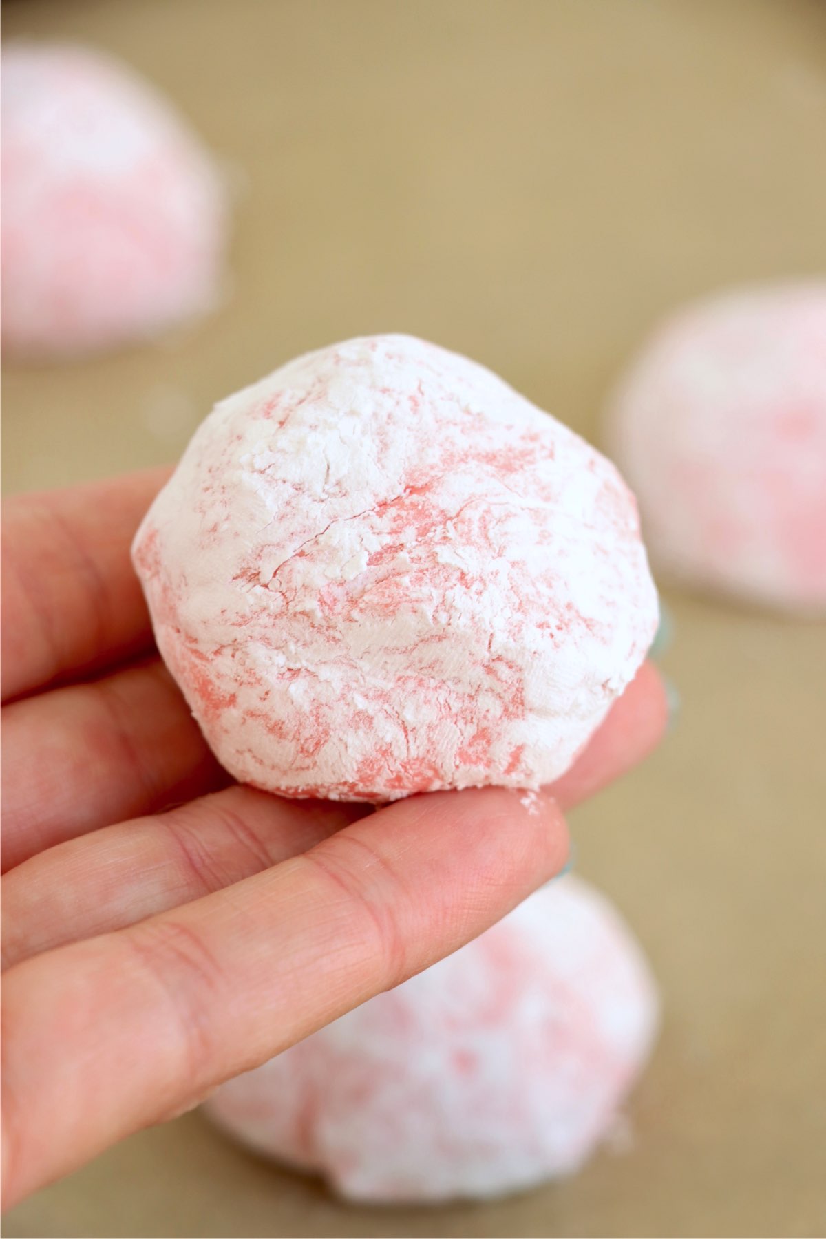 A hand holding a powdered sugar-coated ball of cookie dough, showing its texture and even coating before baking.