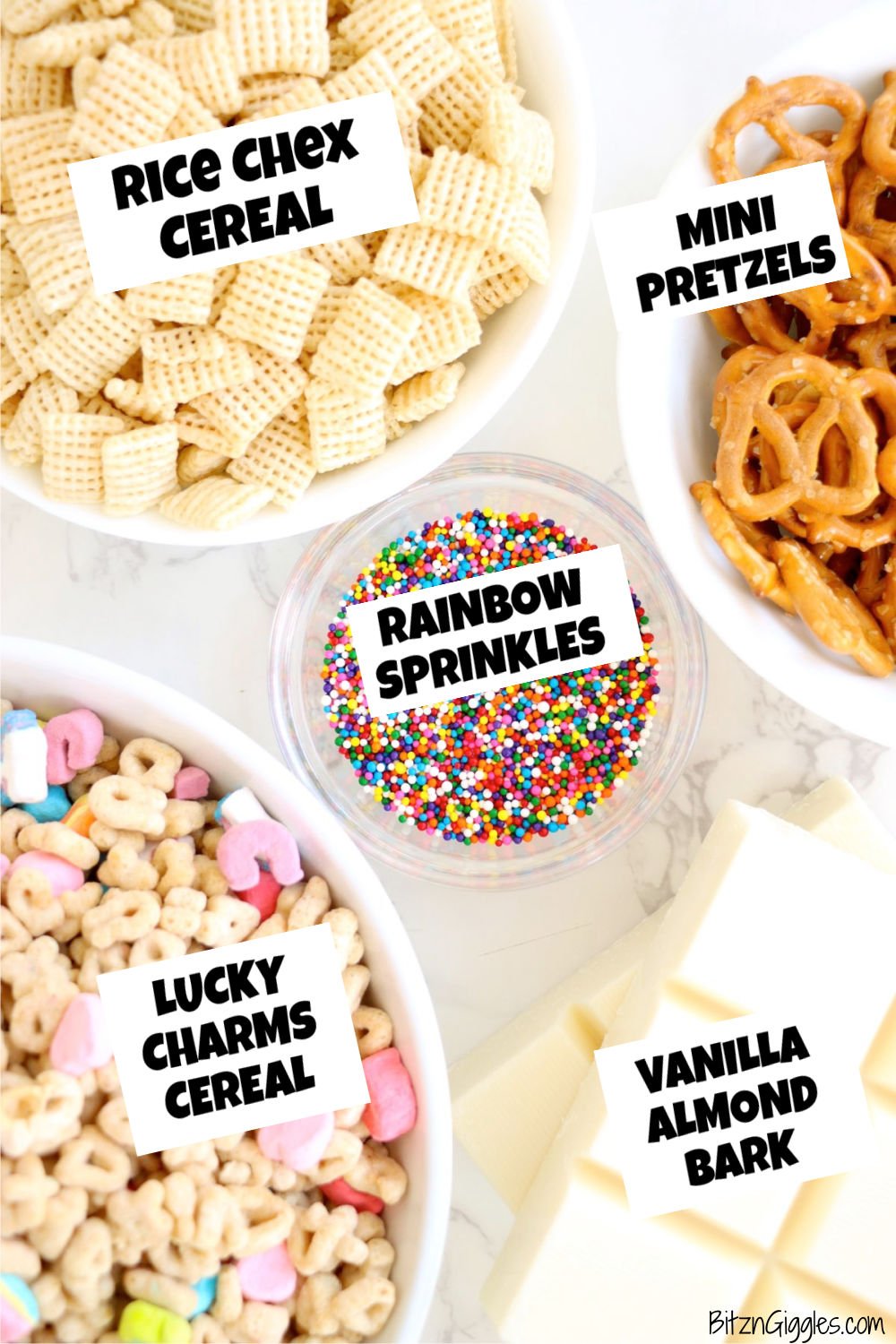 Ingredients for a Patrick’s Day snack mix, including Rice Chex, mini pretzels, Lucky Charms cereal, vanilla almond bark, and rainbow sprinkles.