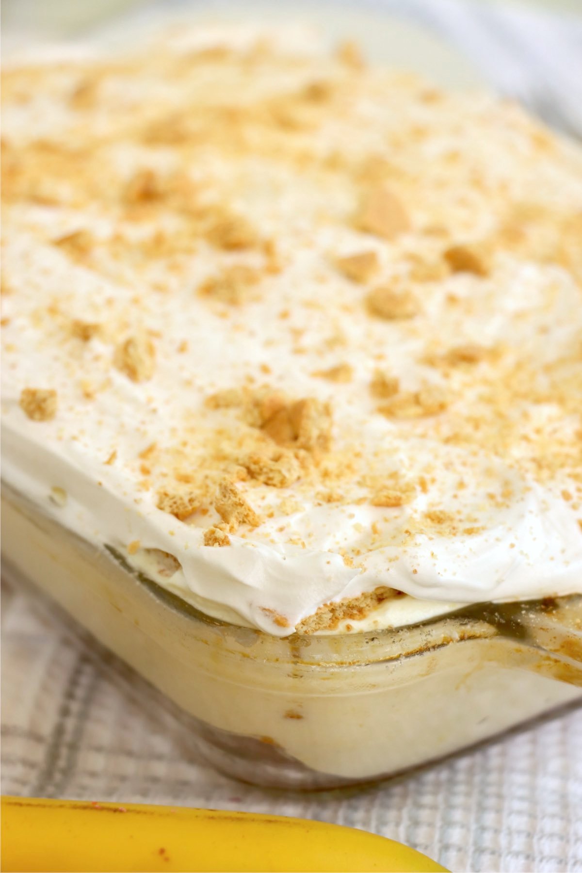 An icebox cake fully assembled in a baking dish with a fluffy whipped topping and graham cracker crumbles.