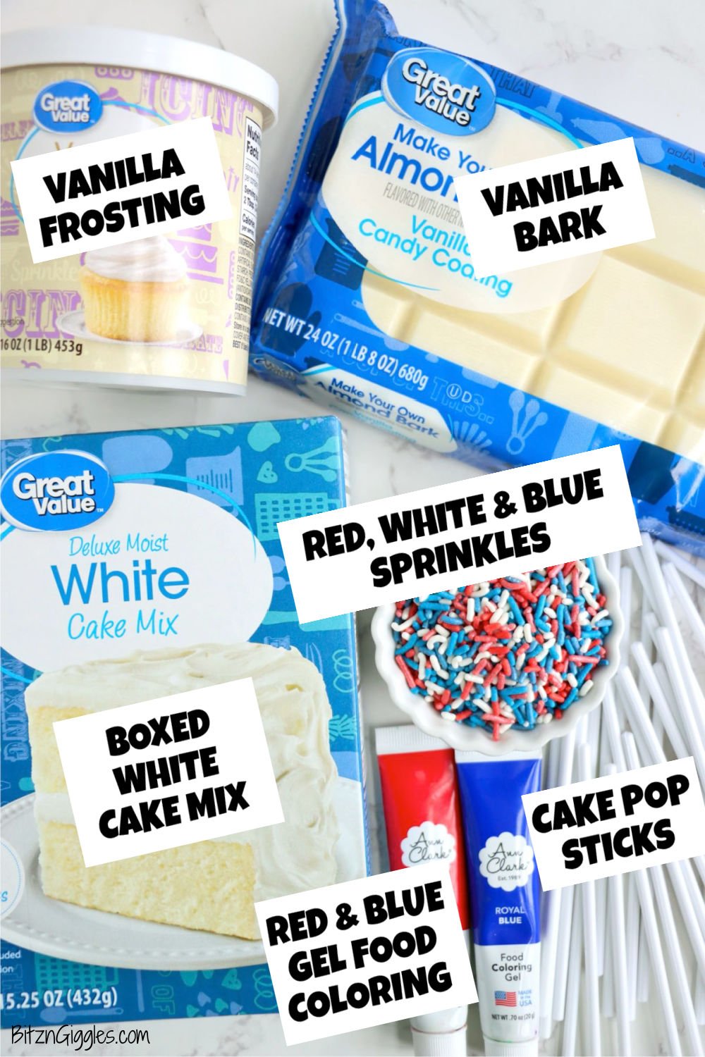 Ingredients for cake pops including white cake mix, frosting, food coloring, sprinkles, and sticks.