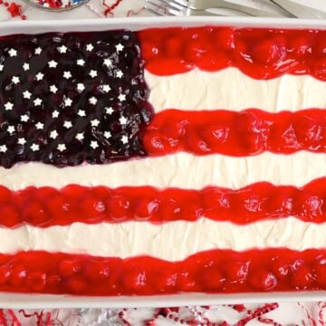 Cheesecake in a baking dish with a flag design.