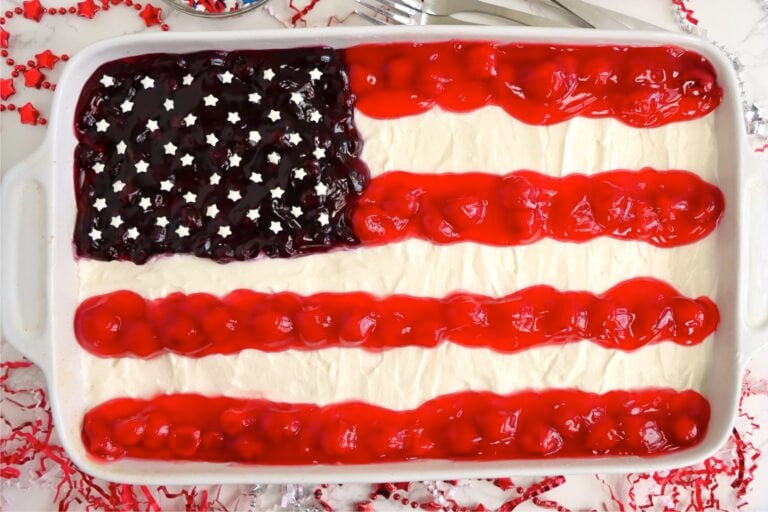 Cheesecake in a baking dish with a flag design.