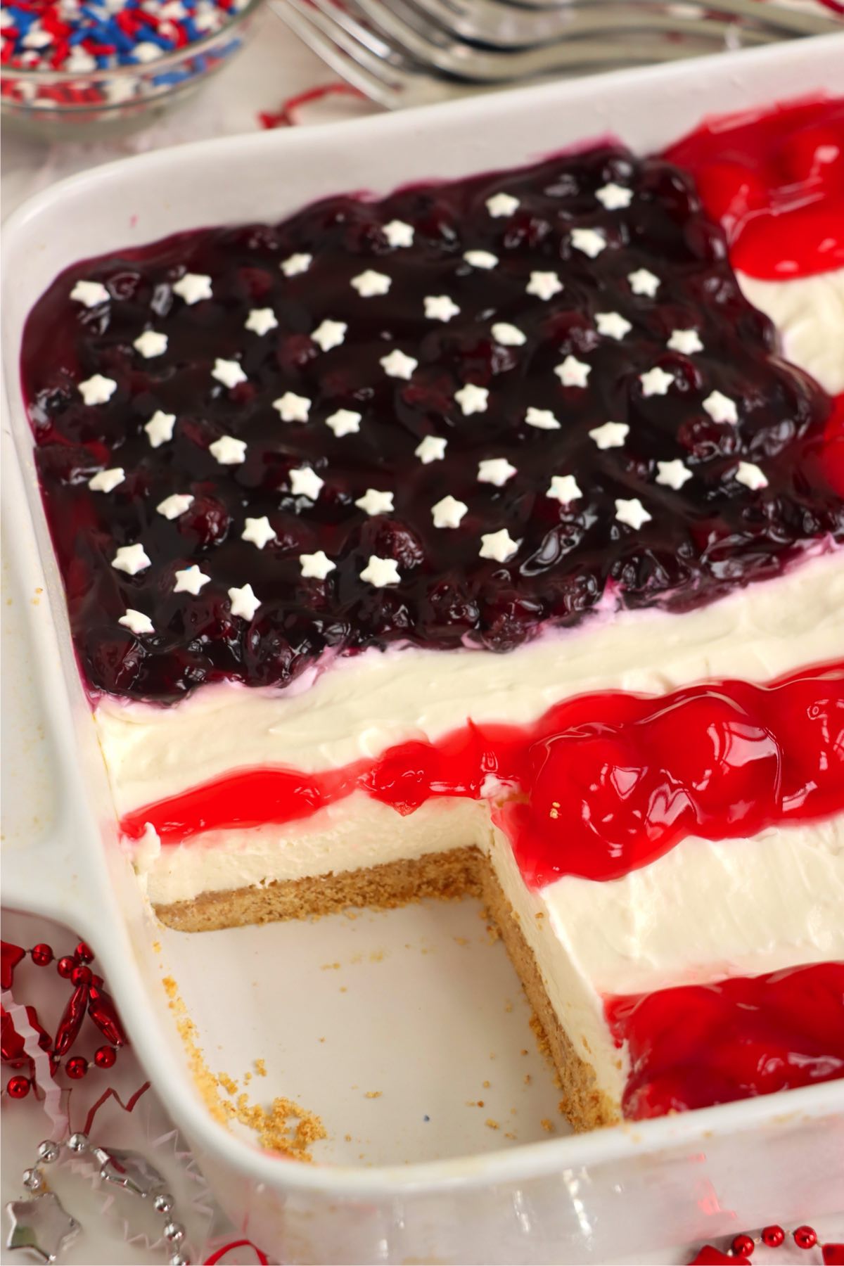 Sliced cheesecake in a dish with a flag design.