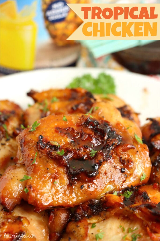 Glazed grilled chicken thighs with parsley, set in front of blurred pineapple juice and marinade ingredients.