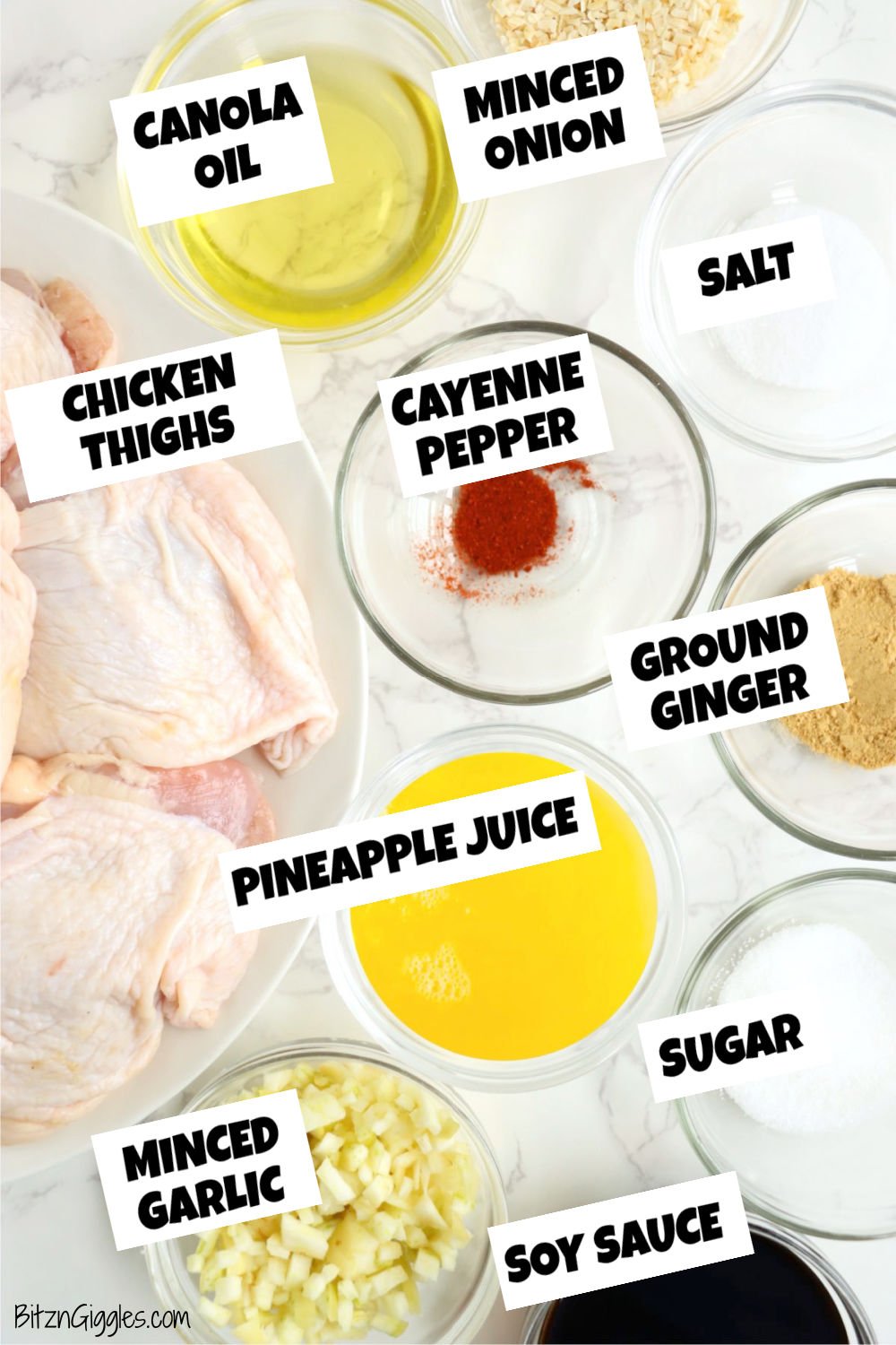 Individual ingredients in bowls including soy sauce, pineapple juice, garlic, oil, spices, and raw chicken thighs.