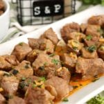 Finished air fryer garlic butter steak bites served warm and ready to eat.