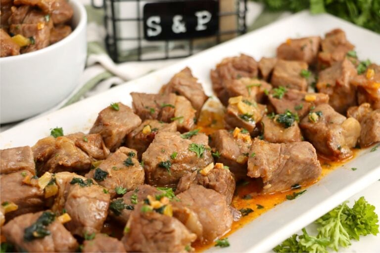 Finished air fryer garlic butter steak bites served warm and ready to eat.