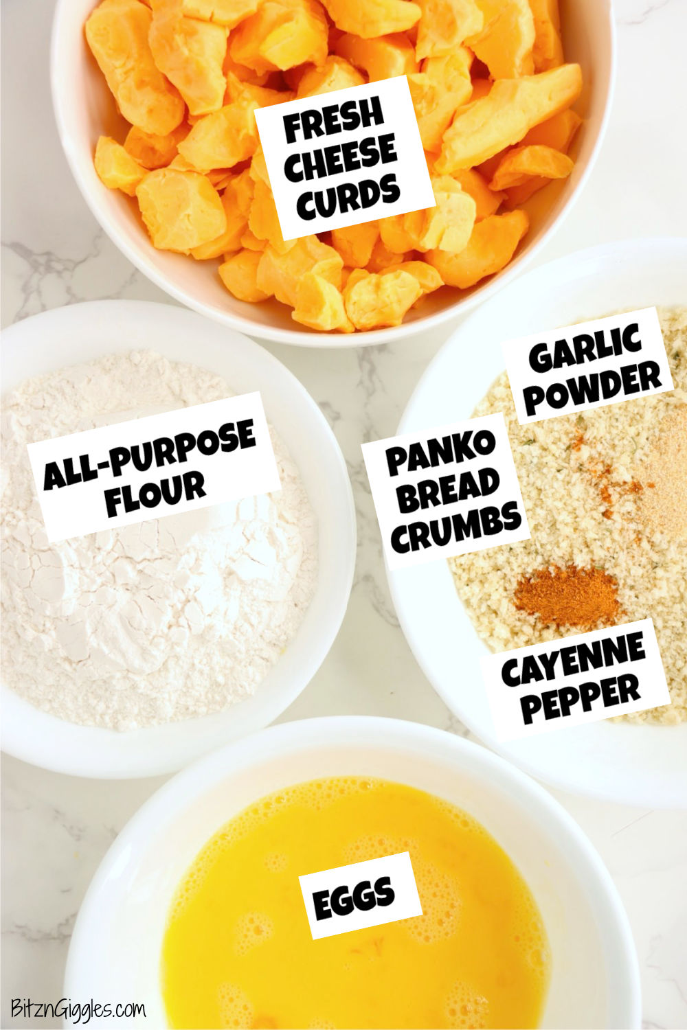 Ingredients for air fryer cheese curds including fresh cheese curds, flour, eggs, panko, and seasonings.